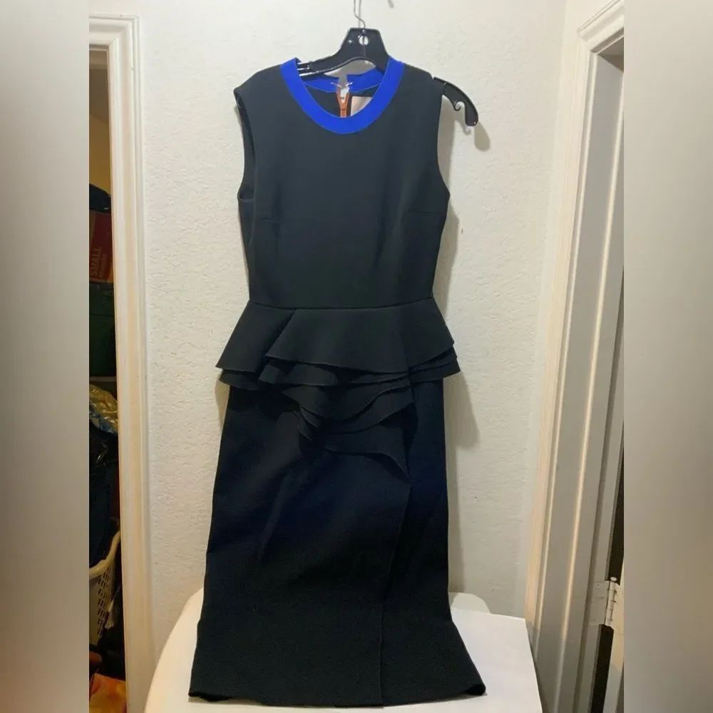Roksanda Peplum two tone black dress blue neck bright back orange zip detailing